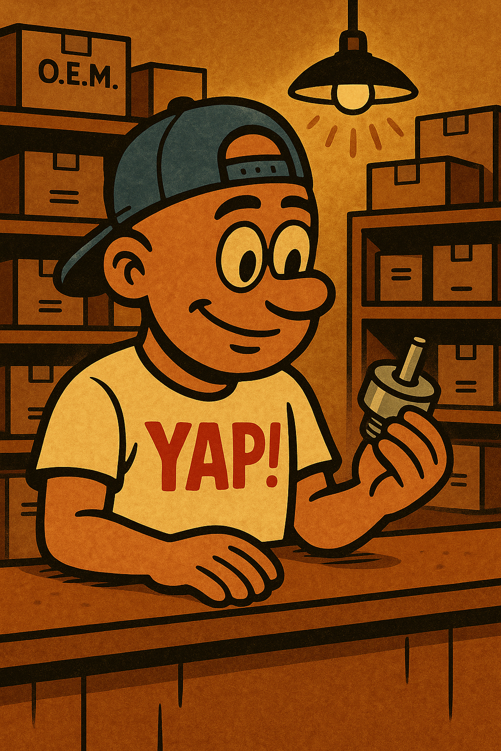 The YAP Dude at the parts counter inspecting a repair part in Piedmont, Oklahoma